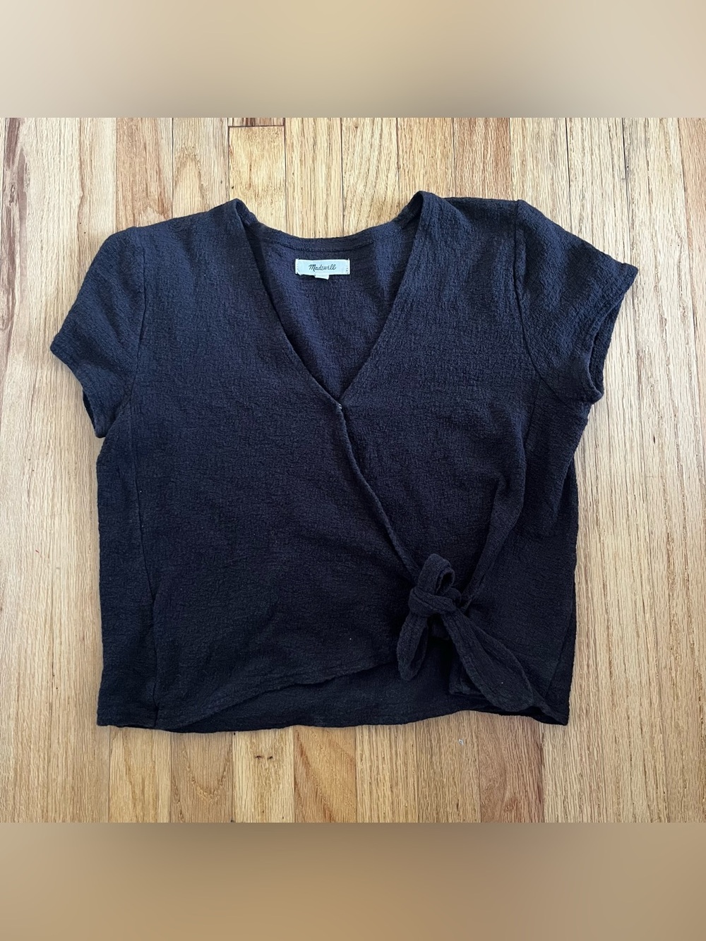 Madewell Black Tie-Front Short Sleeve Wrap Top cropped
